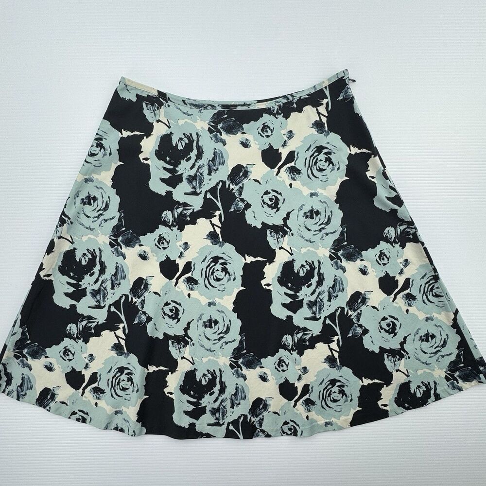 Talbots Floral A-Line Skirt Womens Size 10 Blue Black White Rose Print Midi